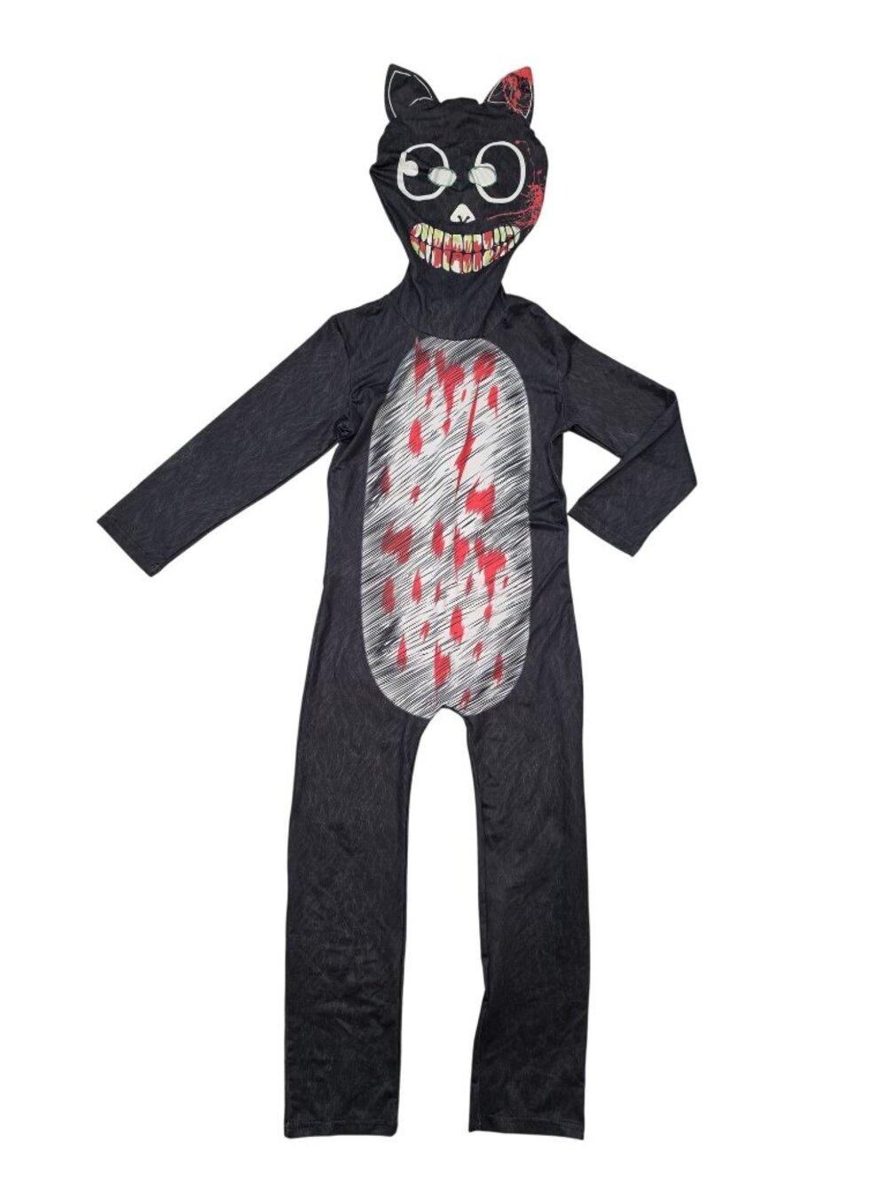 Scary Cat Halloween Costume For Kids Hooded Full-Body Suit With size 6-10 .